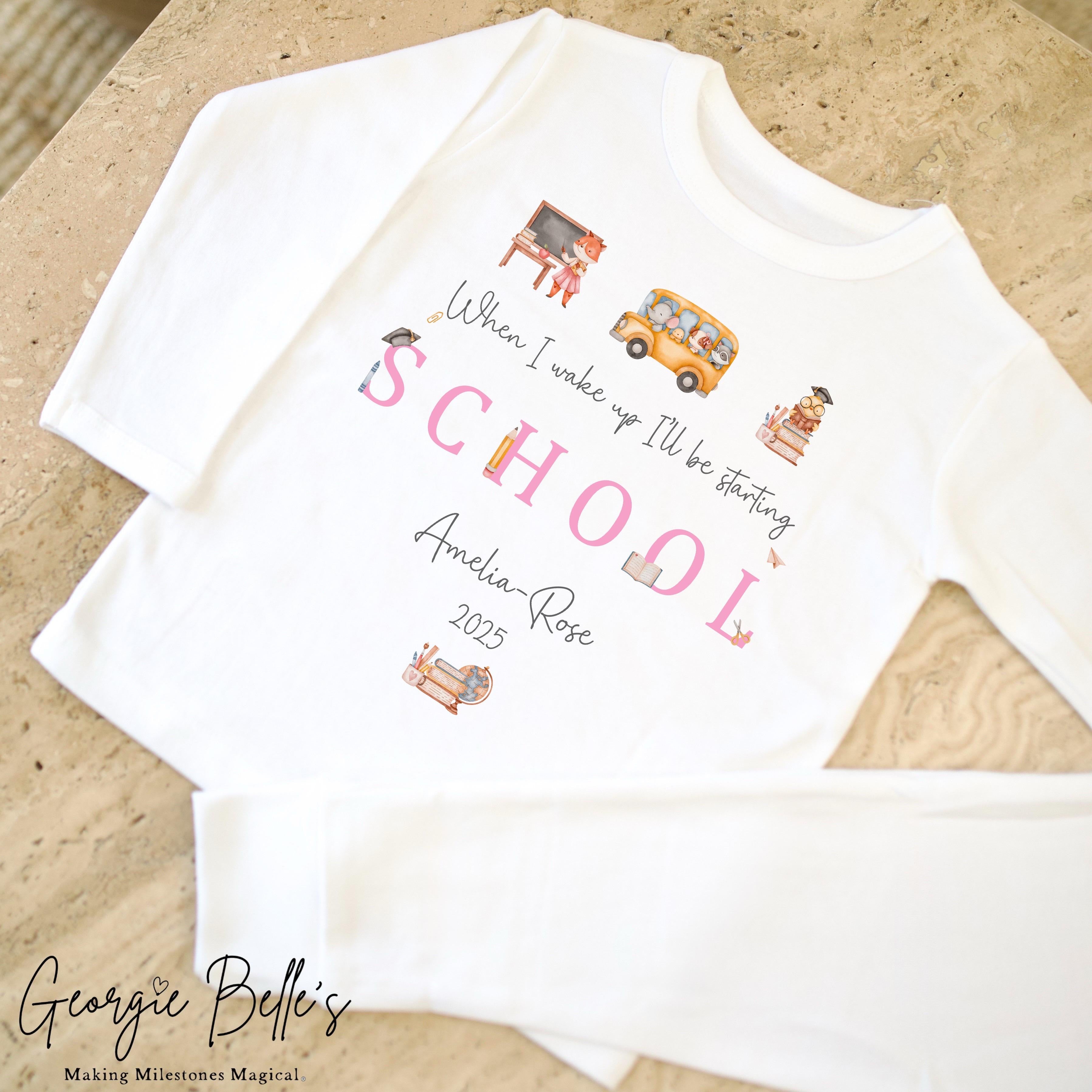 Personalised Starting School Pyjamas - White Traditional Pink Design