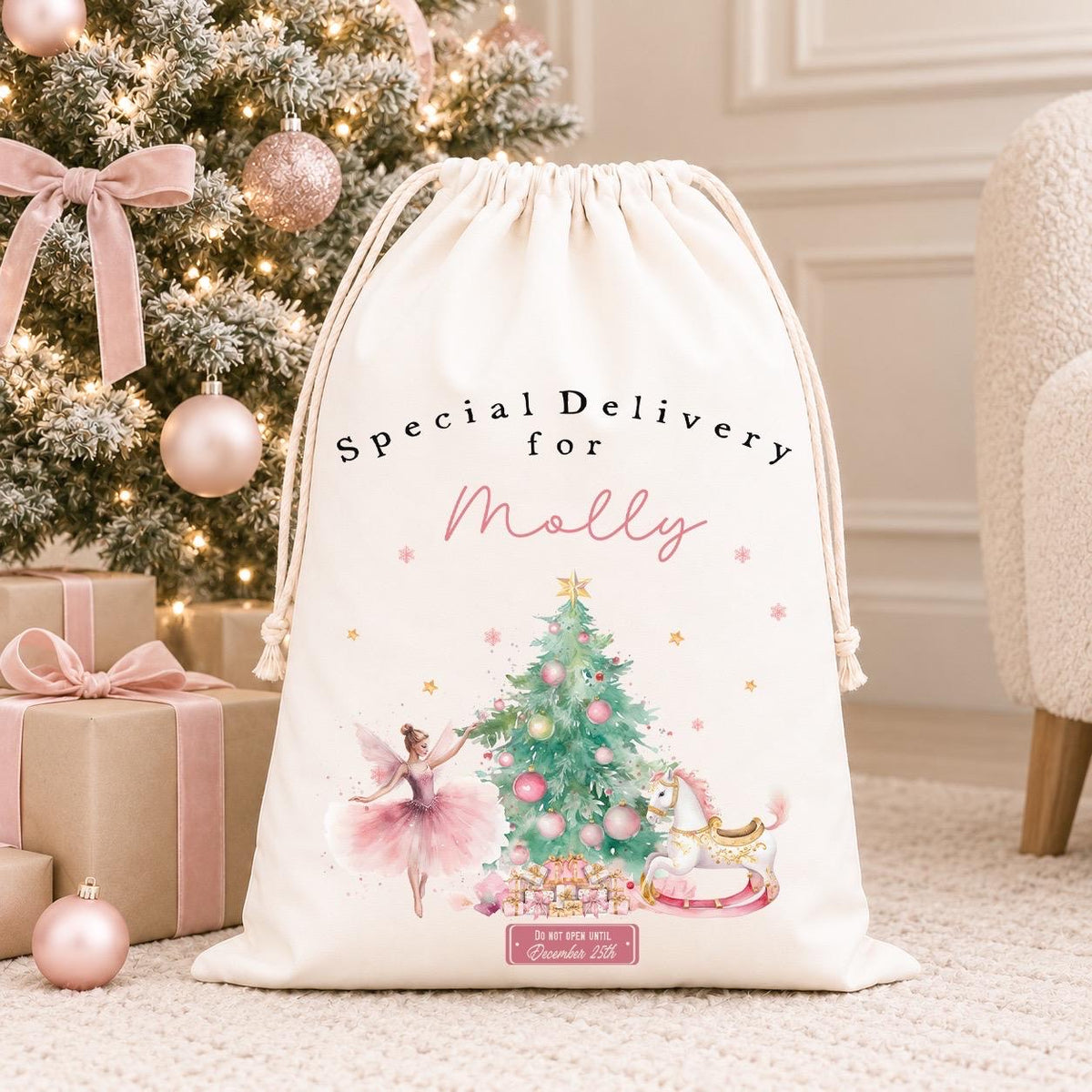 Luxury Personalised Premium Cotton Christmas Sack | Personalised Santa Sack | Pink Nutcracker Design