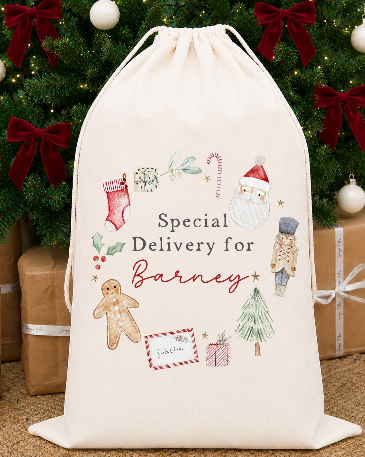 Luxury Personalised Premium Cotton Christmas Sack | Personalised Santa Sack | Classic Wreath Design