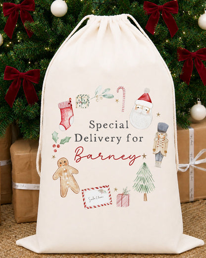 Luxury Personalised Premium Cotton Christmas Sack | Personalised Santa Sack | Classic Wreath Design