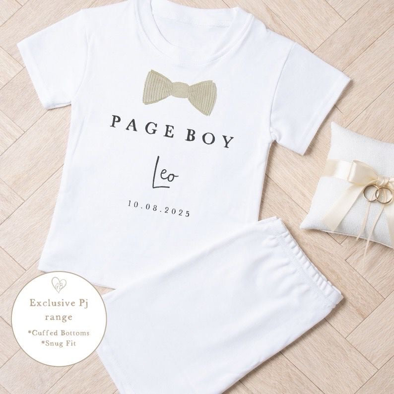 Personalised Page Boy Short Set Pyjamas - Champagne Bow Tie Design