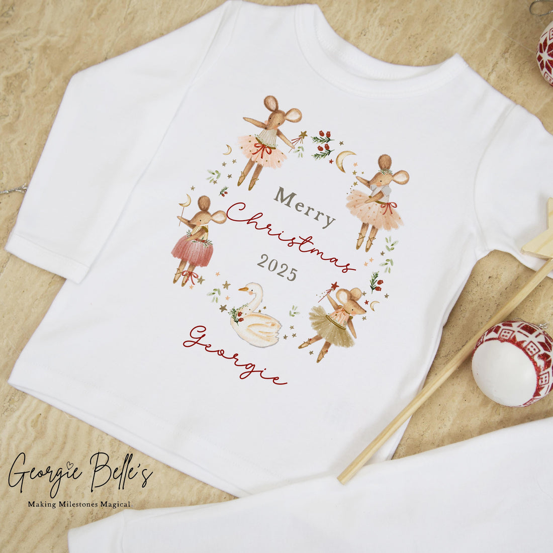 Personalised Plain White Christmas Pyjamas - Red Ballerina Mice Wreath Design