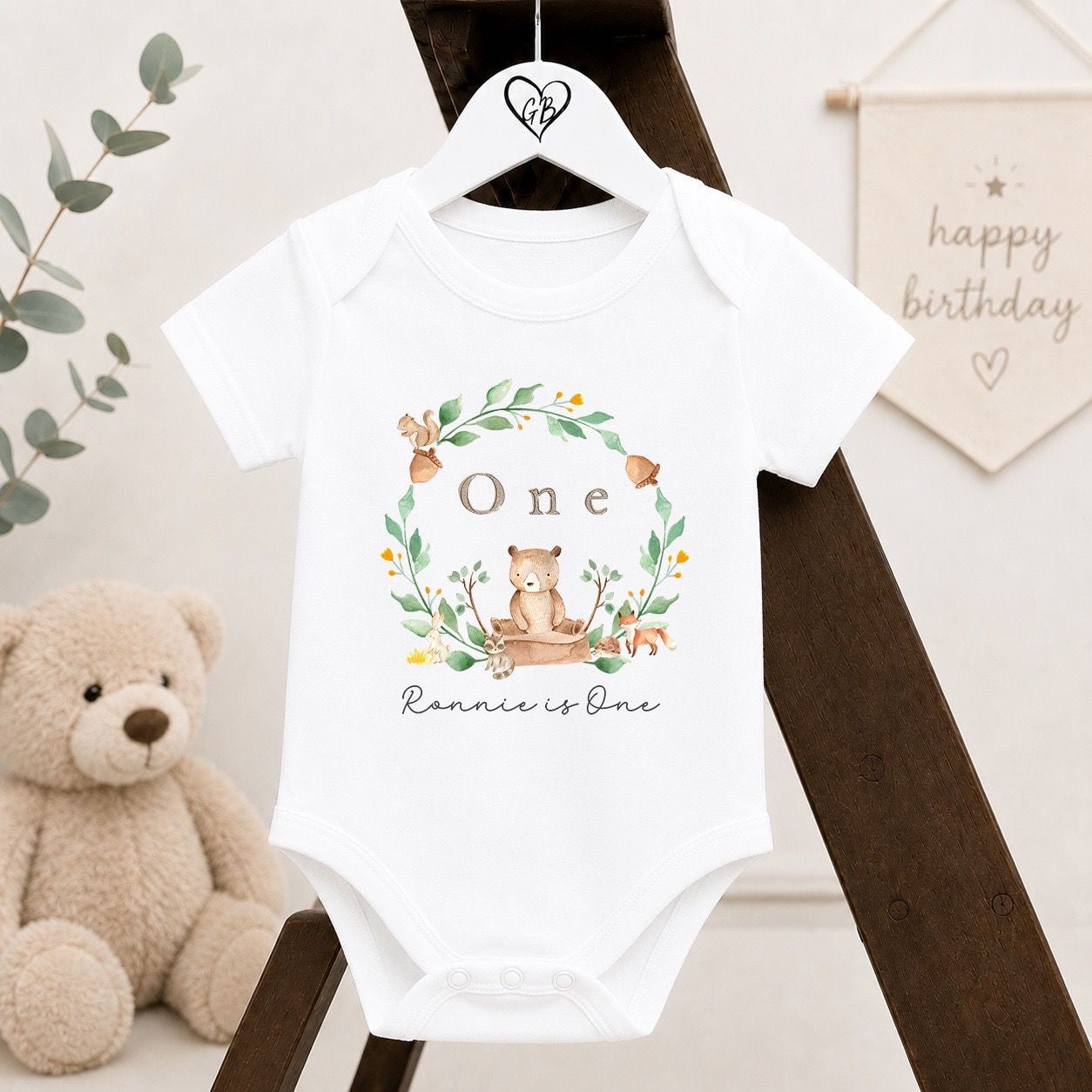 Personalised First Birthday Baby Vest | 1st Birthday Outfit - Woodland Wreath Design