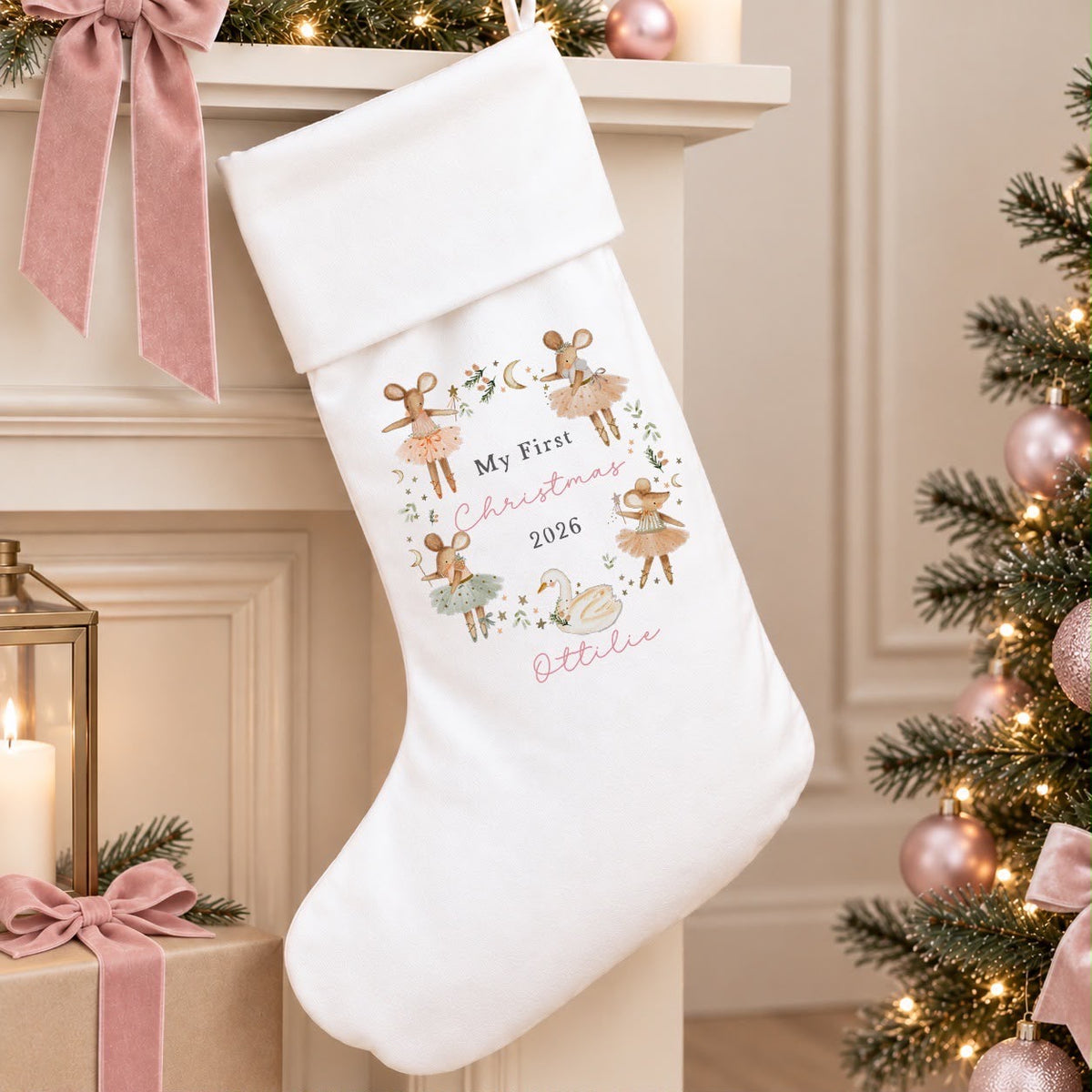 Personalised White First Christmas Stocking | Pink Mice Wreath Design
