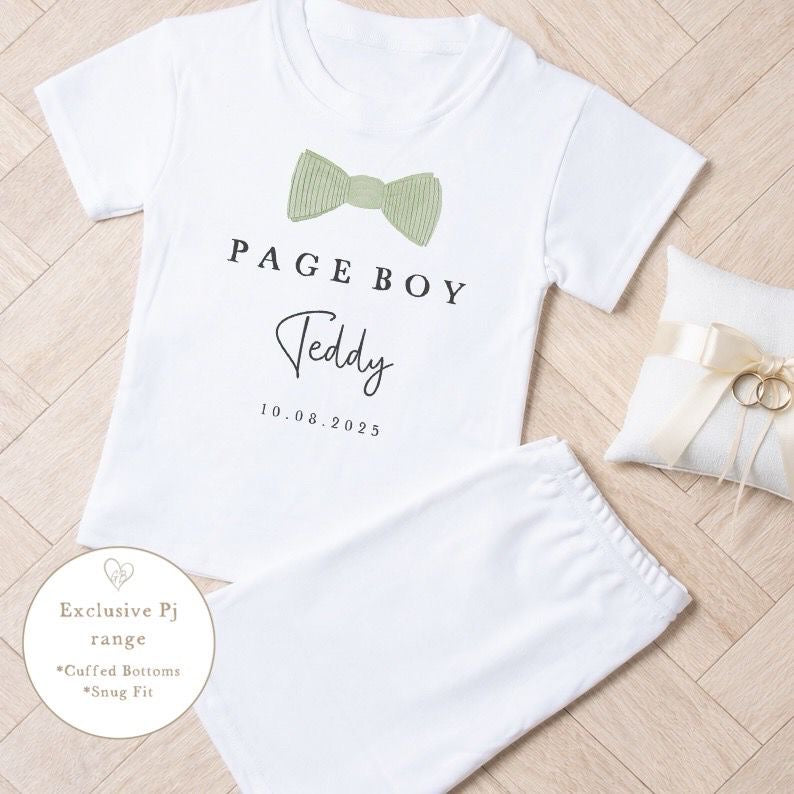 Personalised Page Boy Short Set Pyjamas - Sage Green Bow Tie Design