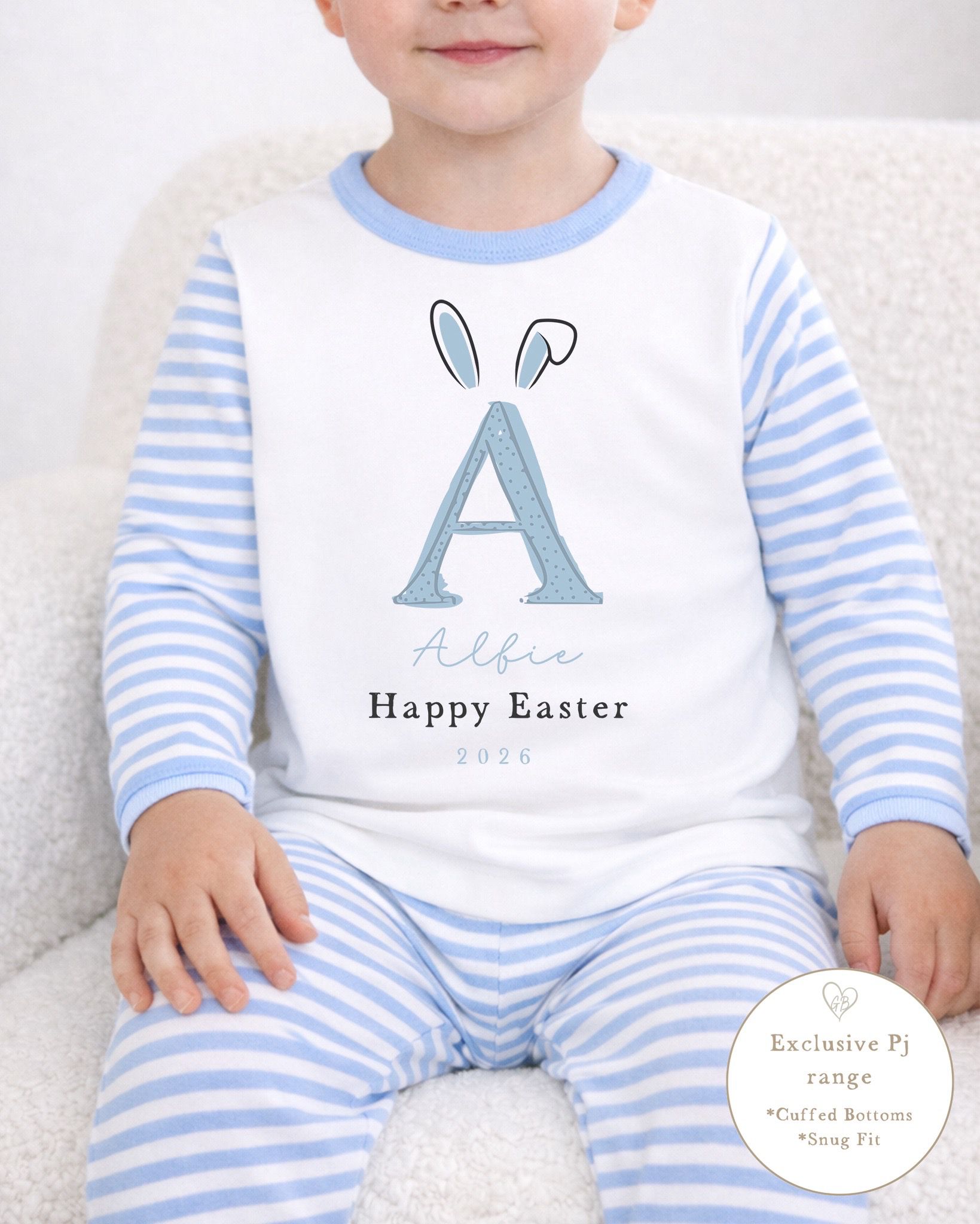 Personalised Blue Stripe Easter Pyjamas - Bunny Ear Initial Design