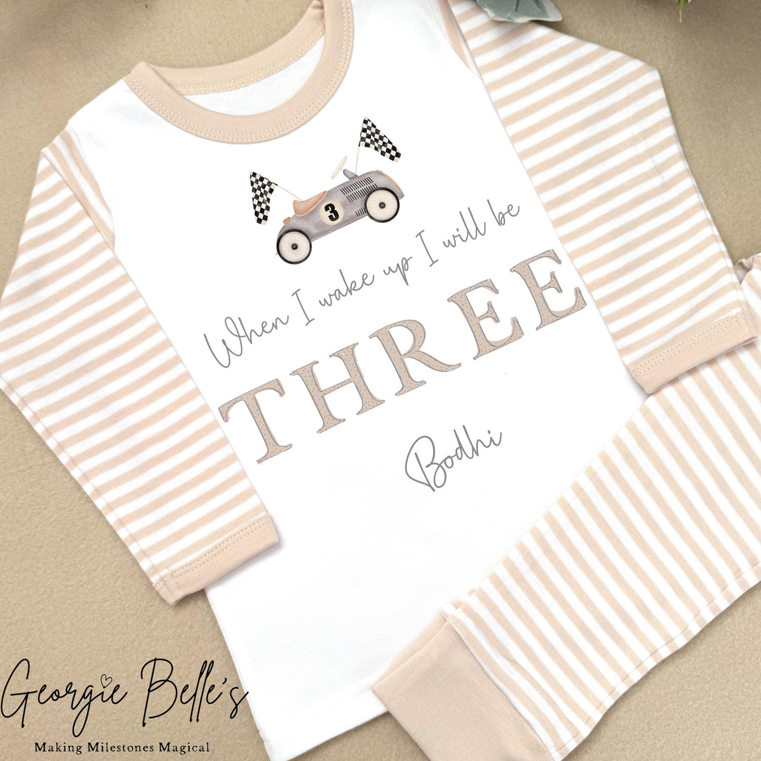 Personalised Beige Stripe Birthday Pyjamas - Beige Car Design