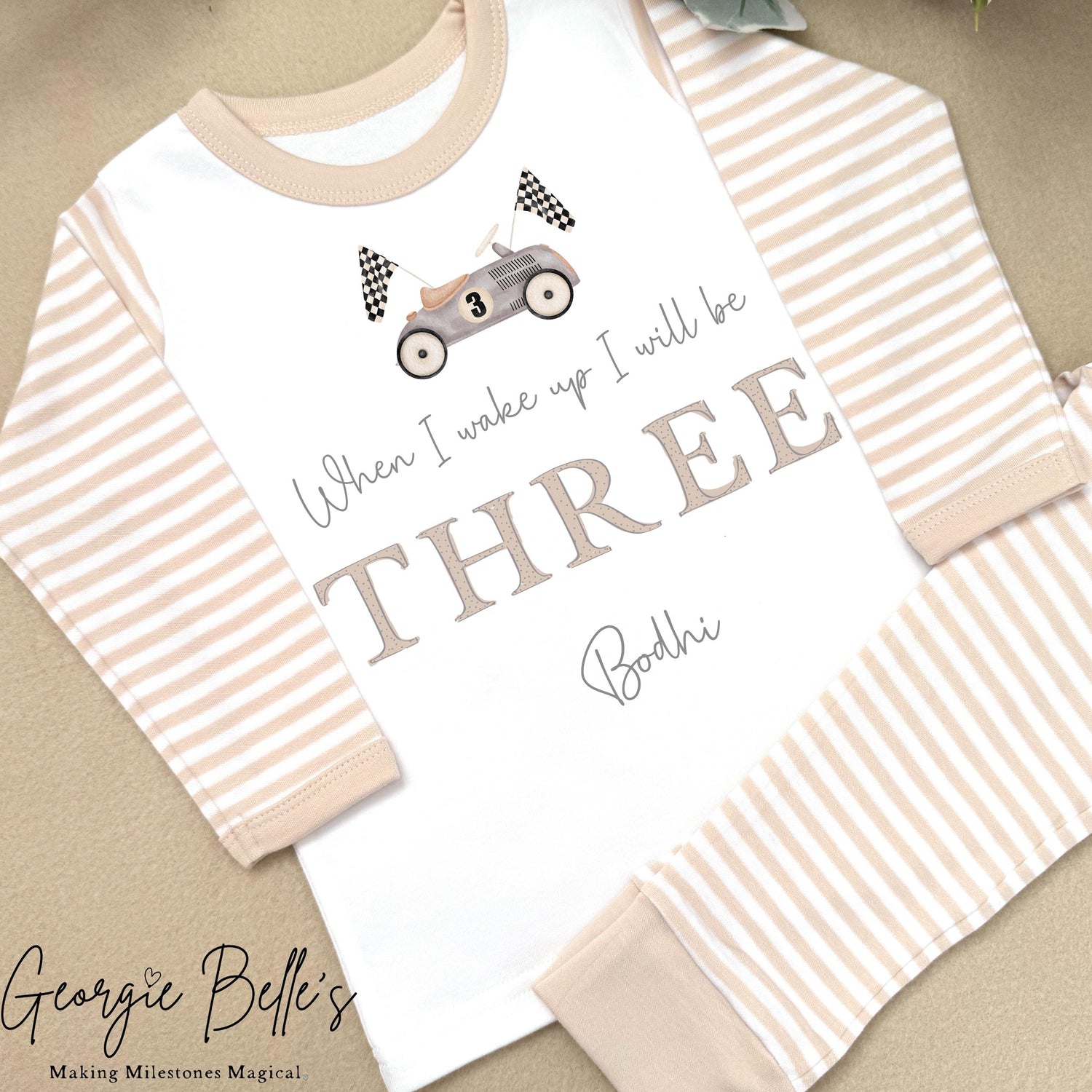 Personalised Beige Stripe Birthday Pyjamas - Beige Car Design