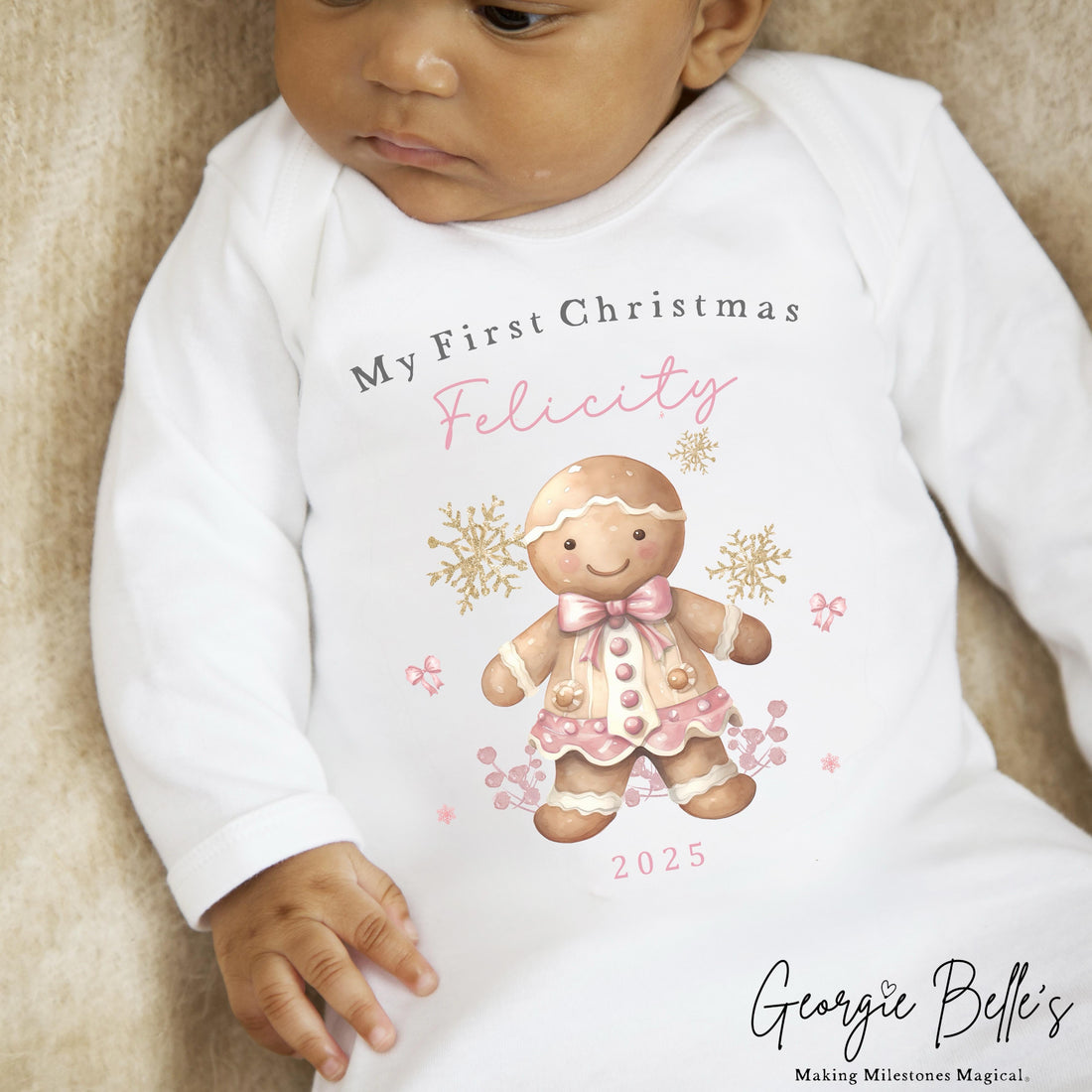 Personalised Christmas Sleepsuit / Bodysuit - First Christmas Pink Gingerbread Design