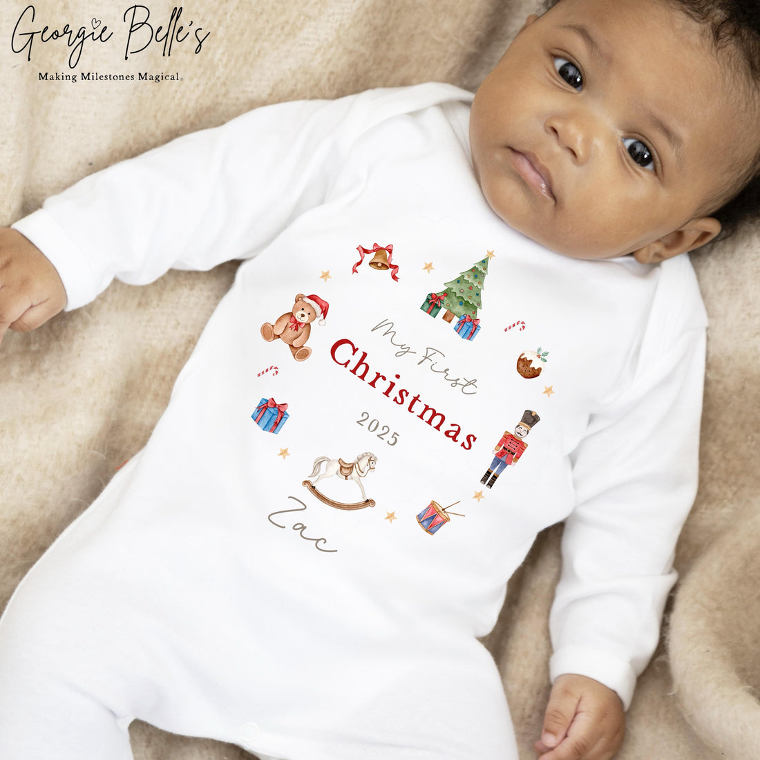 Personalised Christmas Sleepsuit / Bodysuit - First Christmas Red Nutcracker Wreath Design