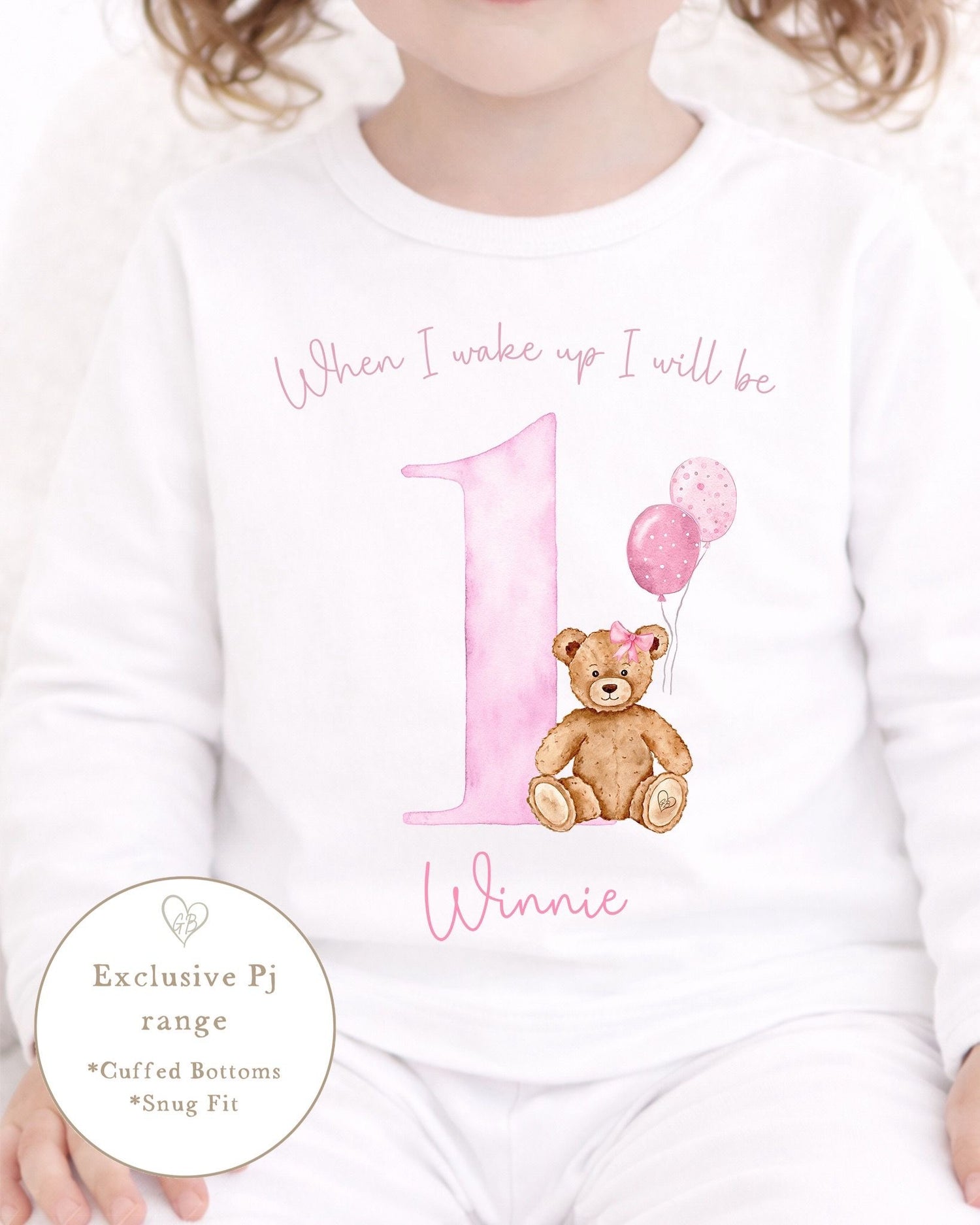 Personalised Plain White Birthday Pyjamas - Pink GB Bear Design