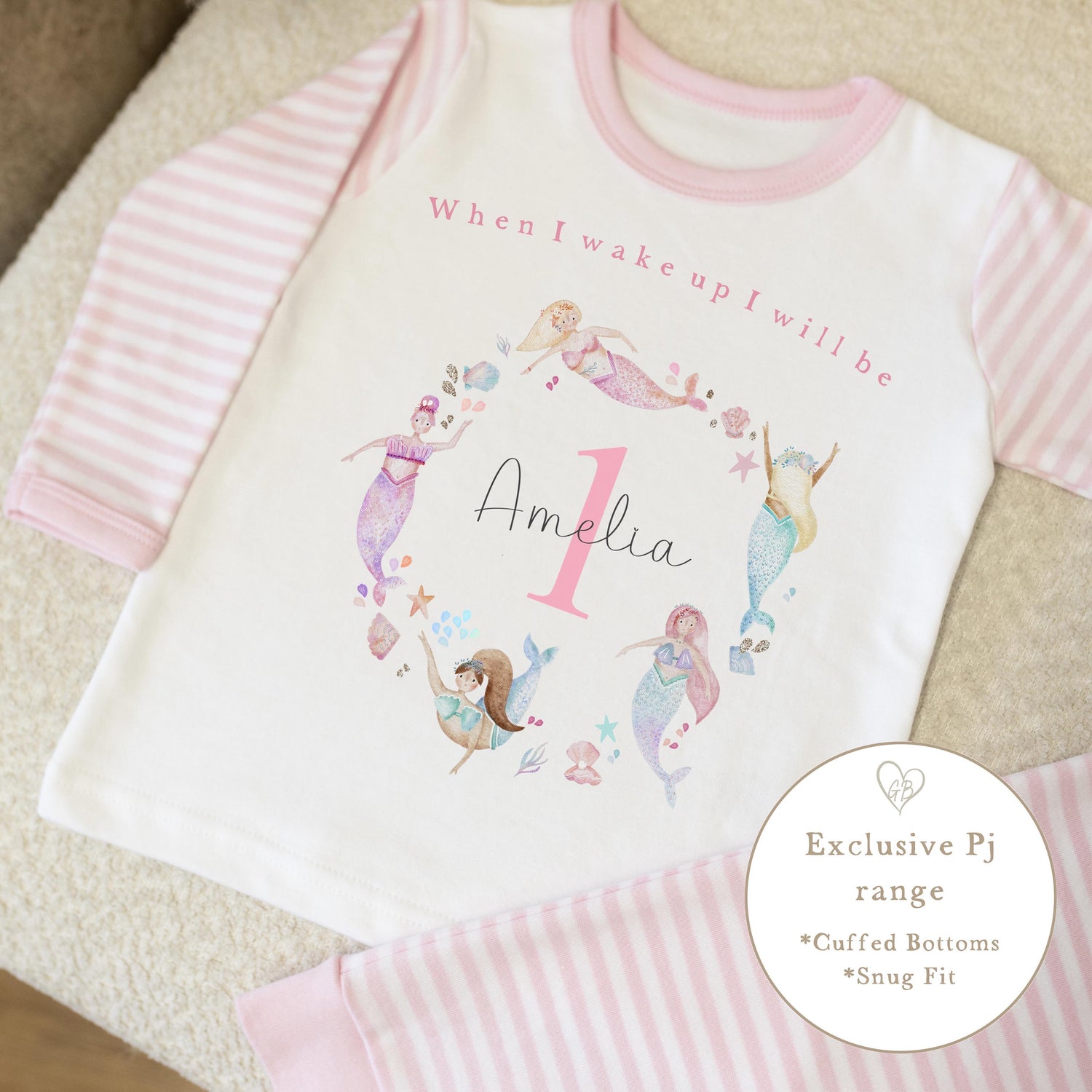 Pink &amp; White Striped Personalised Birthday Pyjamas - Pink Mermaid Wreath Design