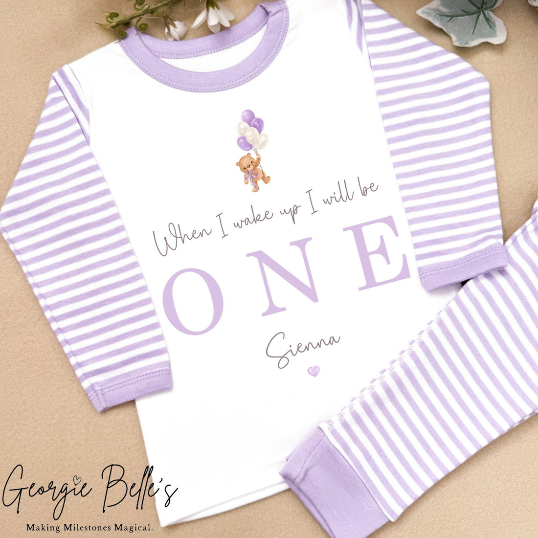 Personalised Lilac Stripe Birthday Pyjamas - Lilac Bear Balloons Design