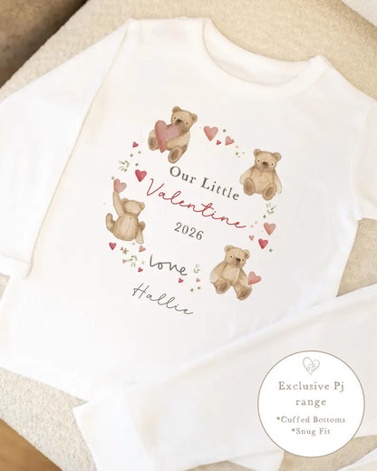 Personalised Plain White Valentines Pyjamas - Bear Wreath Design