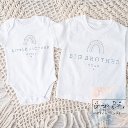 Personalised Big Brother / Little Brother Matching Set - Blue/Grey Rainbow Design