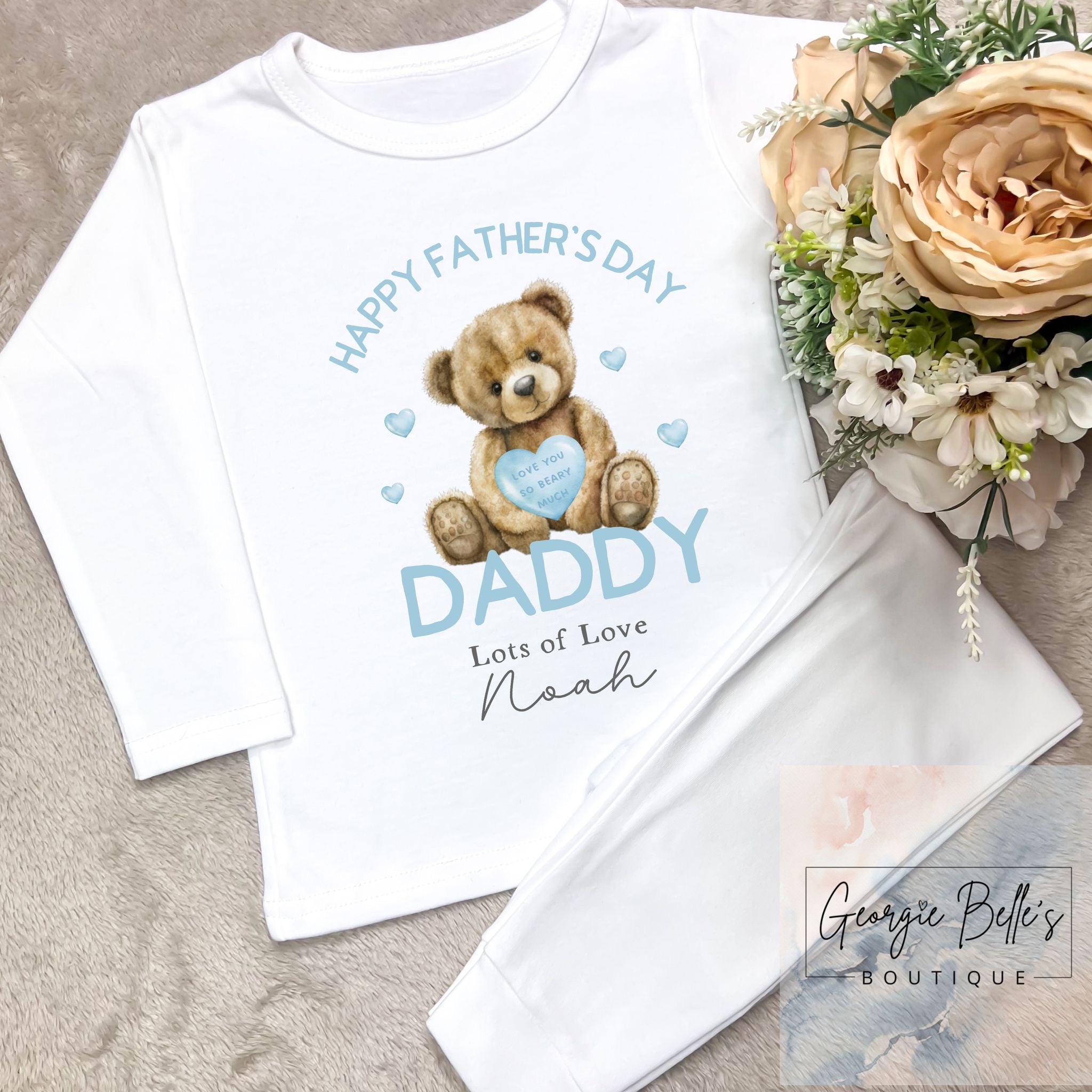 Personalised Sibling Matching Father's Day Pyjamas - Blue Bear Design