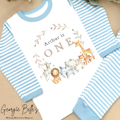 Personalised Blue Stripe Birthday Pyjamas - Blue Safari Wreath Design