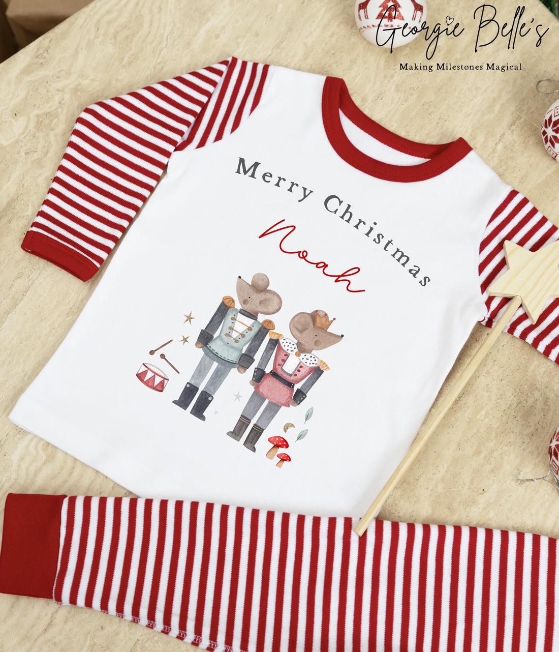 Personalised Red Stripe Christmas Pyjamas - Mouse Soilder Design