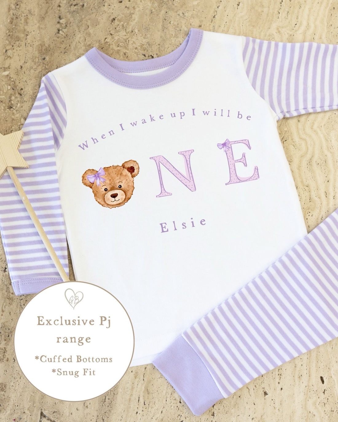 Lilac &amp; White Striped Personalised Birthday Pyjamas - Lilac Bear Word Design