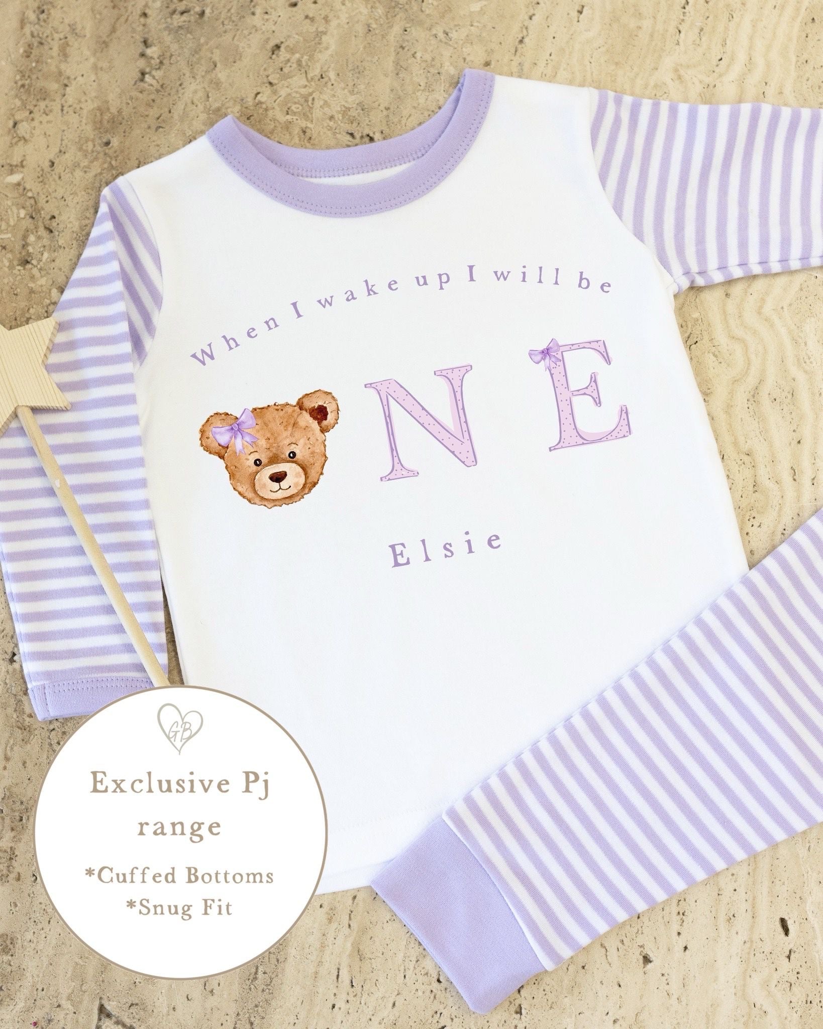 Lilac &amp; White Striped Personalised Birthday Pyjamas - Lilac Bear Word Design