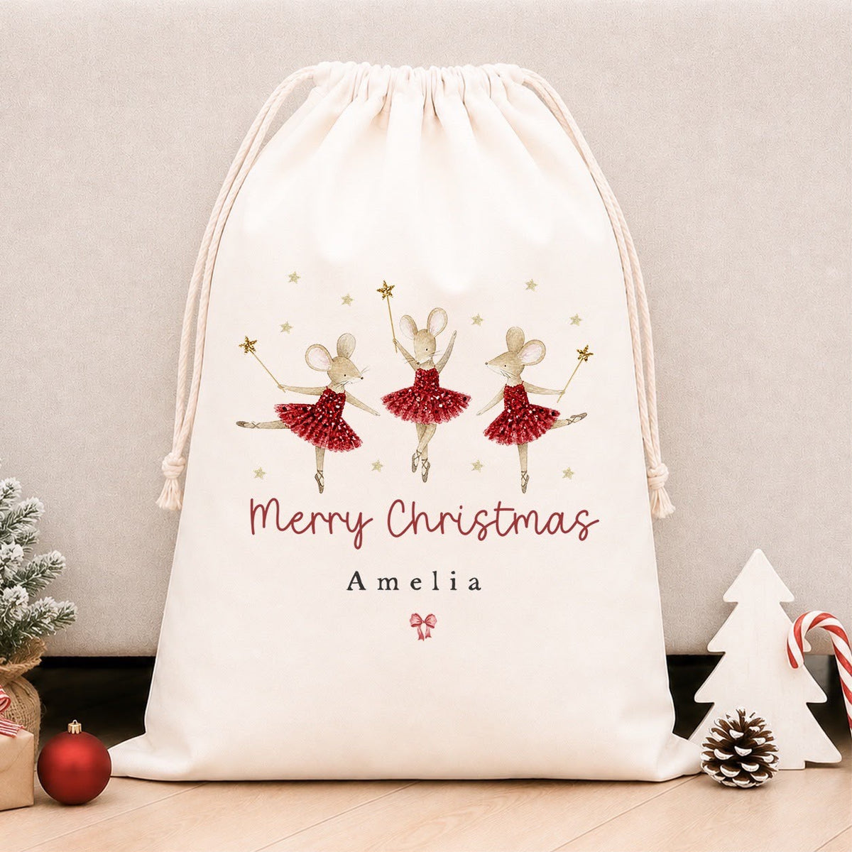 Luxury Personalised Premium Cotton Christmas Sack | Personalised Santa Sack | Mice Ballerina Merry Trio Design