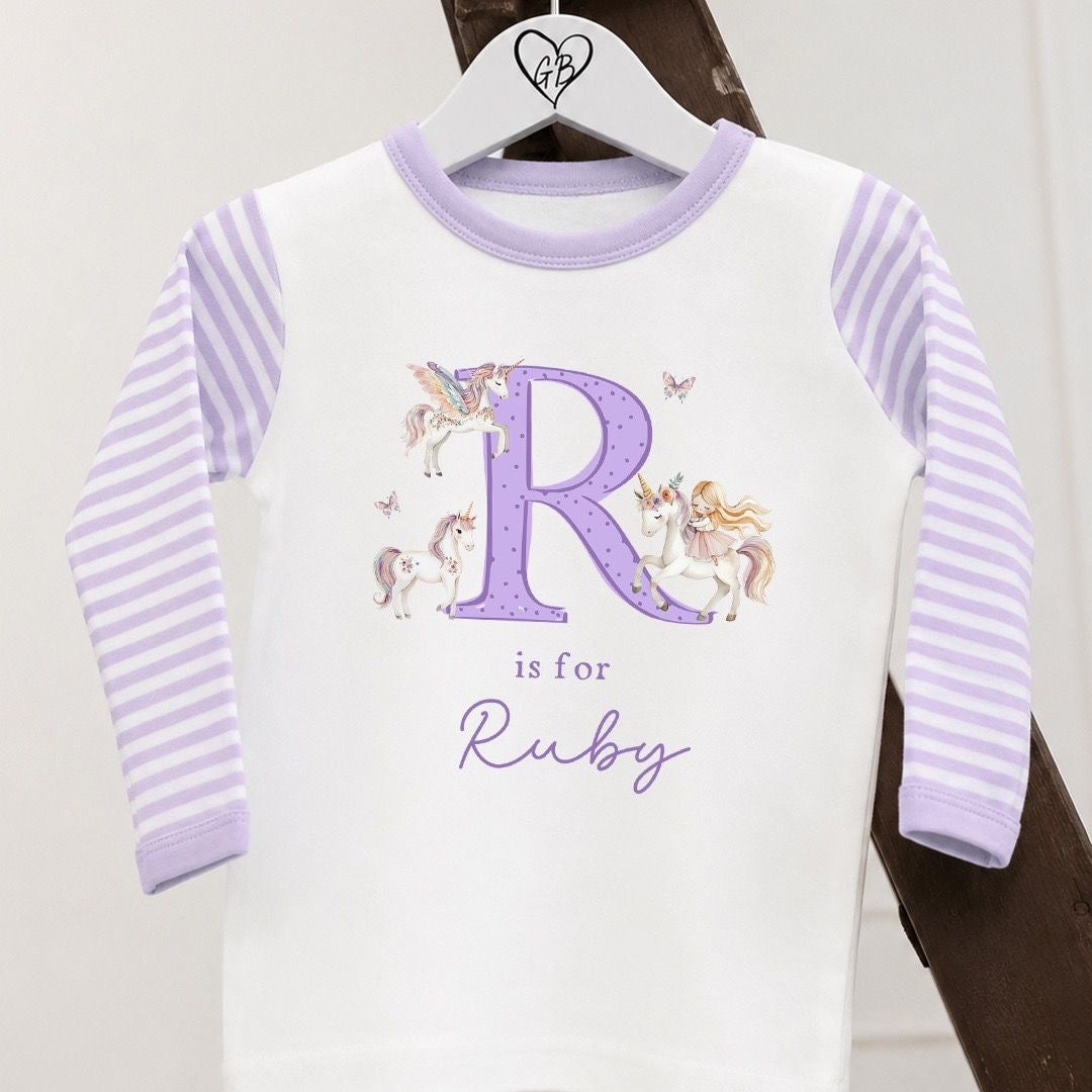 Personalised Girls Gifting Pyjamas Lilac Stripe - Unicorn Initial Design