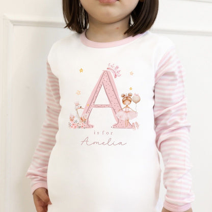 Personalised Girls Gifting Pyjamas Pink Stripe - Ballerina Swan Initial Design