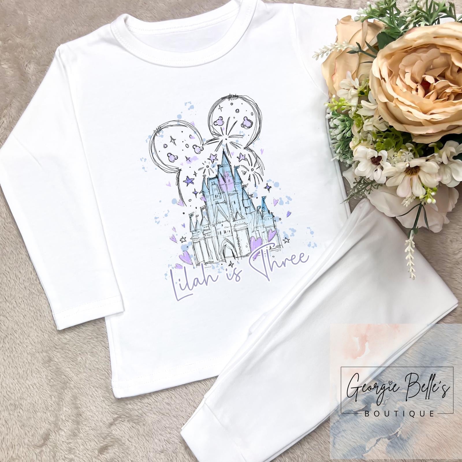 Personalised Birthday White Pyjamas - Lilac castle Design