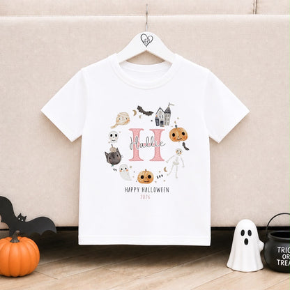 Personalised Halloween T-Shirt | Personalised Halloween Kids T-Shirt | Pink Initial Wreath Design
