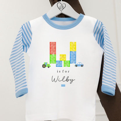 Personalised Boys Gifting Pyjamas Blue Stripe - Lego Initial Design