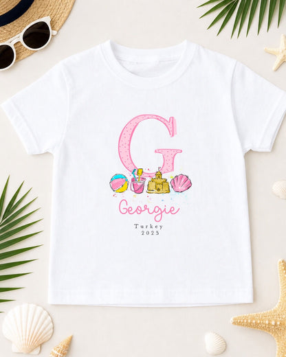 Personalised Kids Holiday T-Shirt - Pink Initial Design