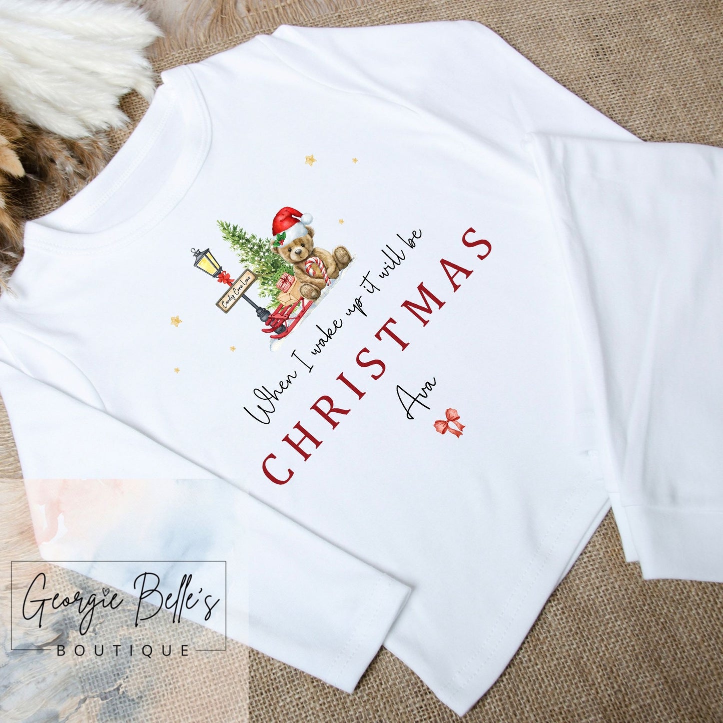 When I wake up it will be Christmas Personalised Unisex Pyjamas - Red Teddy Bear Design
