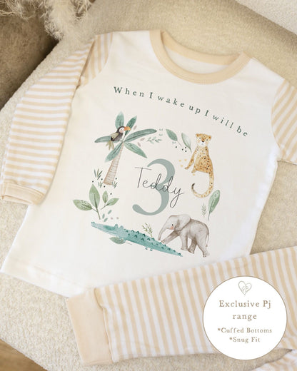 Beige &amp; White Striped Personalised Birthday Pyjamas - Jungle Wreath Design