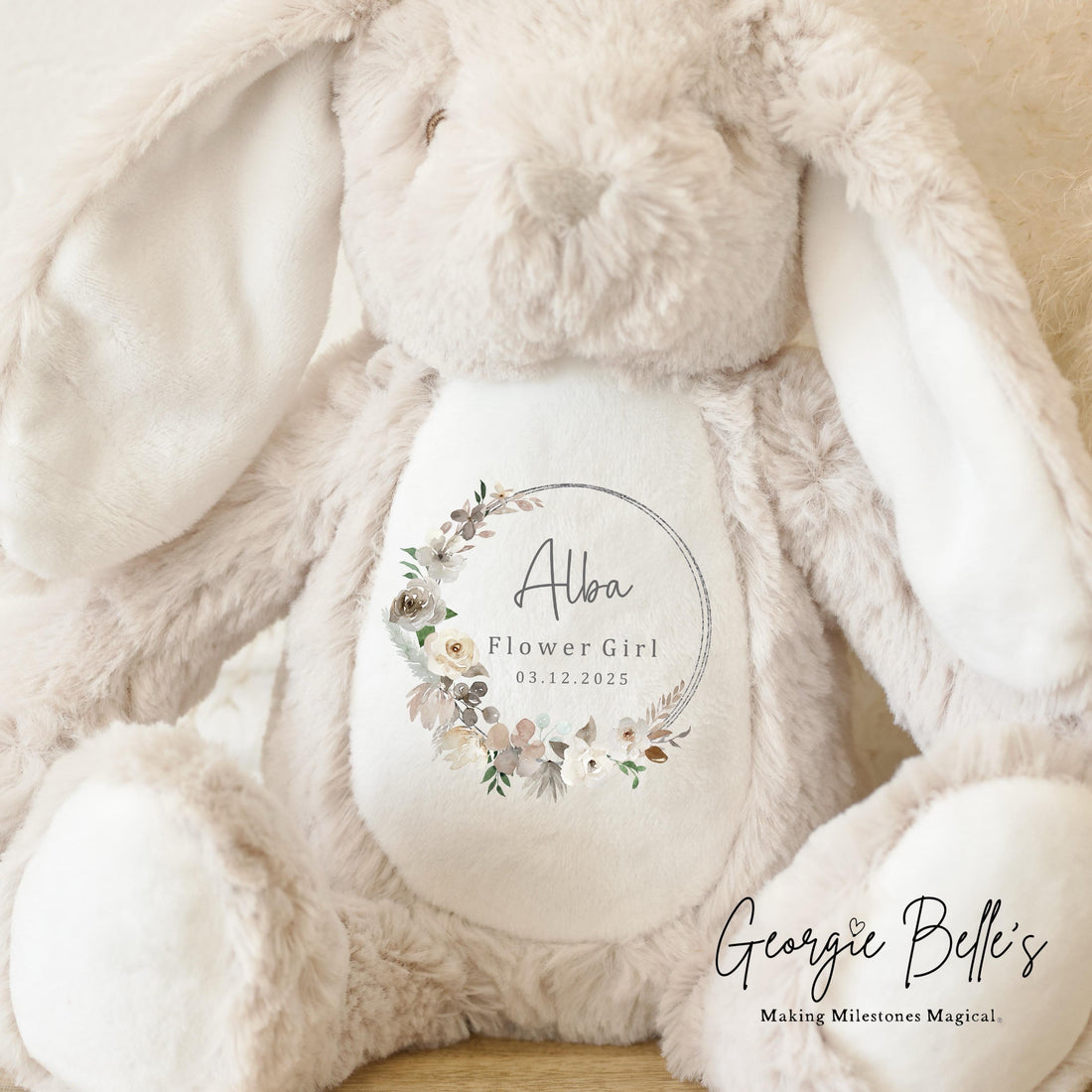 Personalised Flower Girl Bunny - Champagne Wreath Design