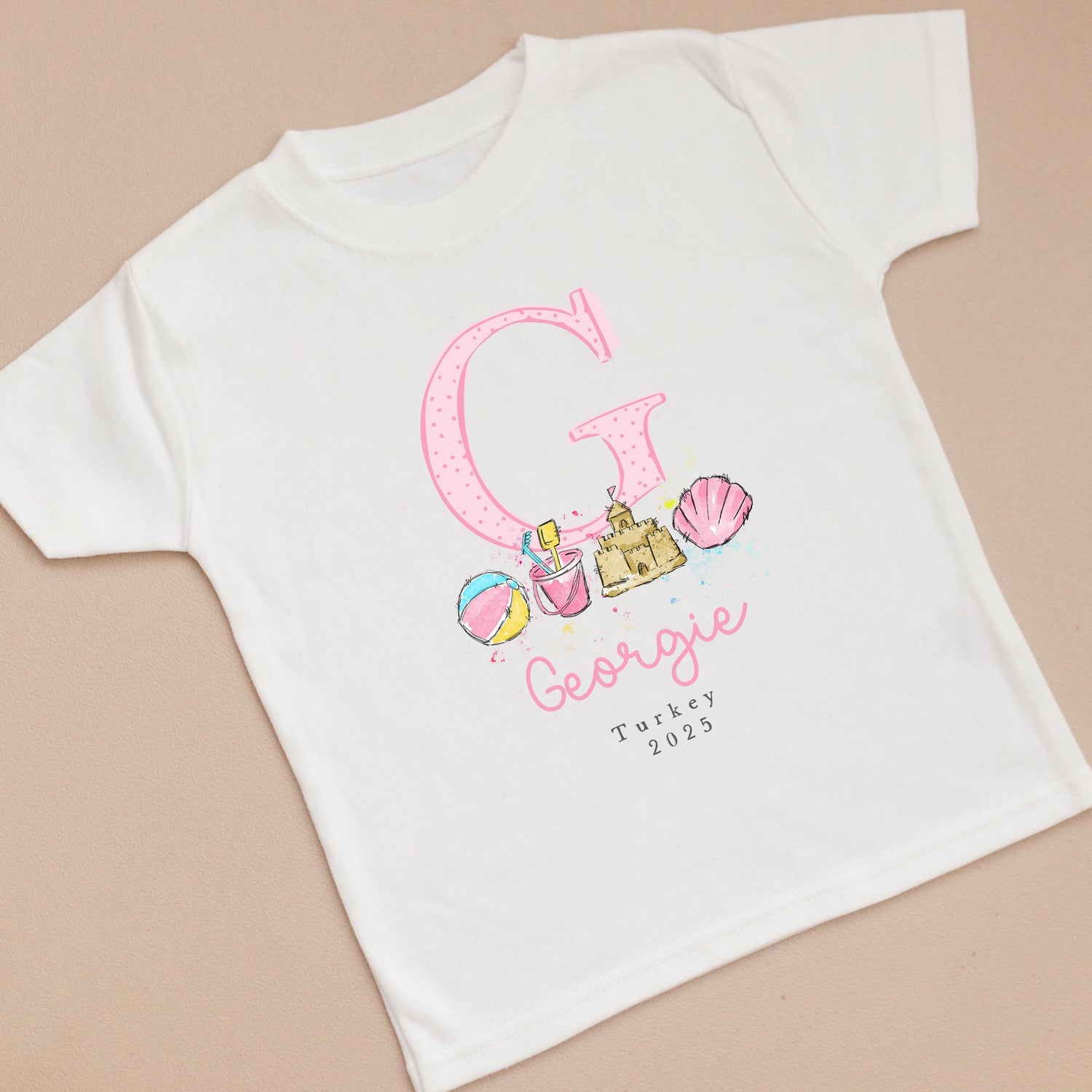 Personalised Holiday T-Shirt - Pink Beach Theme Design