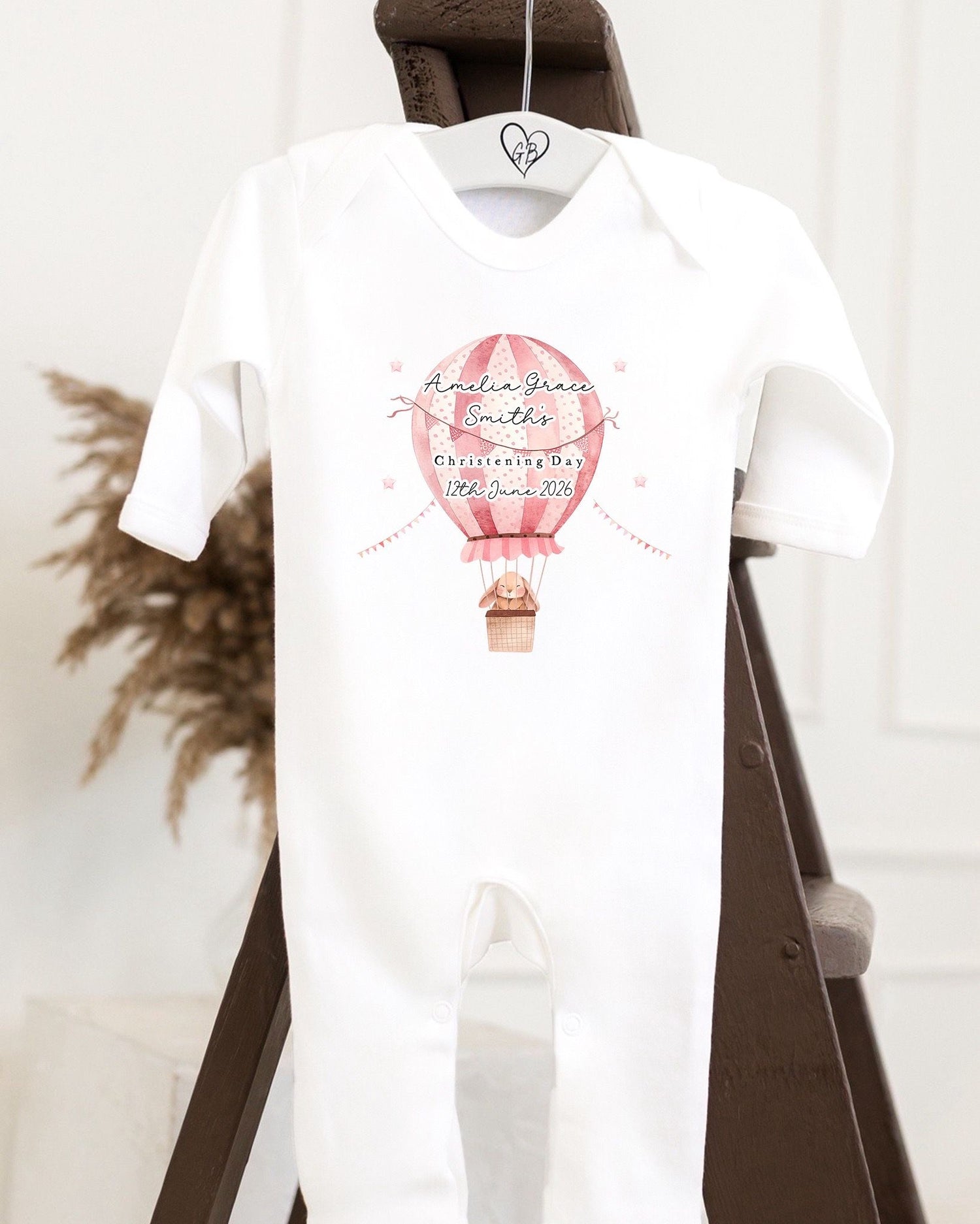Personalised Christening Babygrow - Pink Hot Air Balloon Design