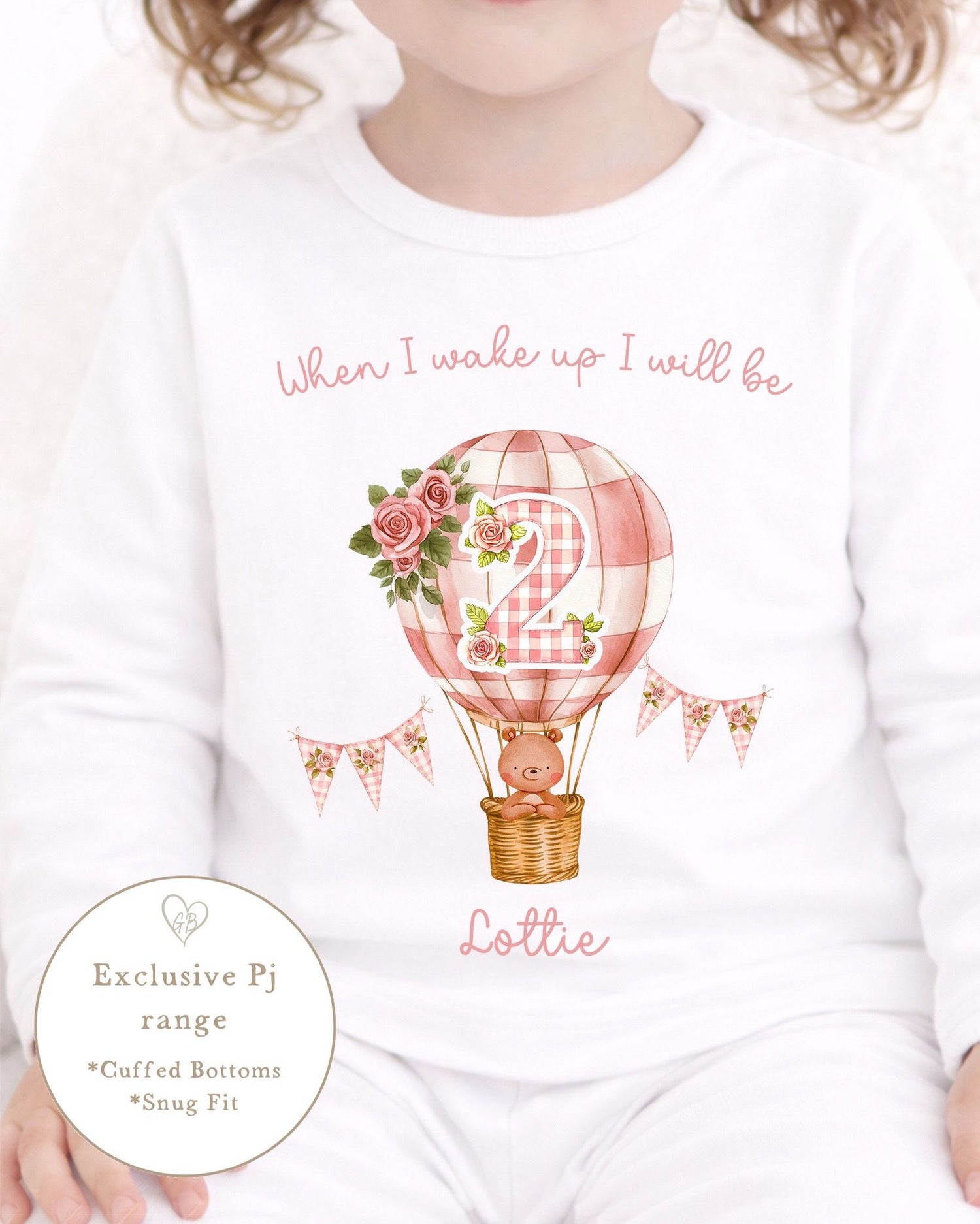 Personalised Plain White Birthday Pyjamas - Pink Classic Hot Air Balloon Design