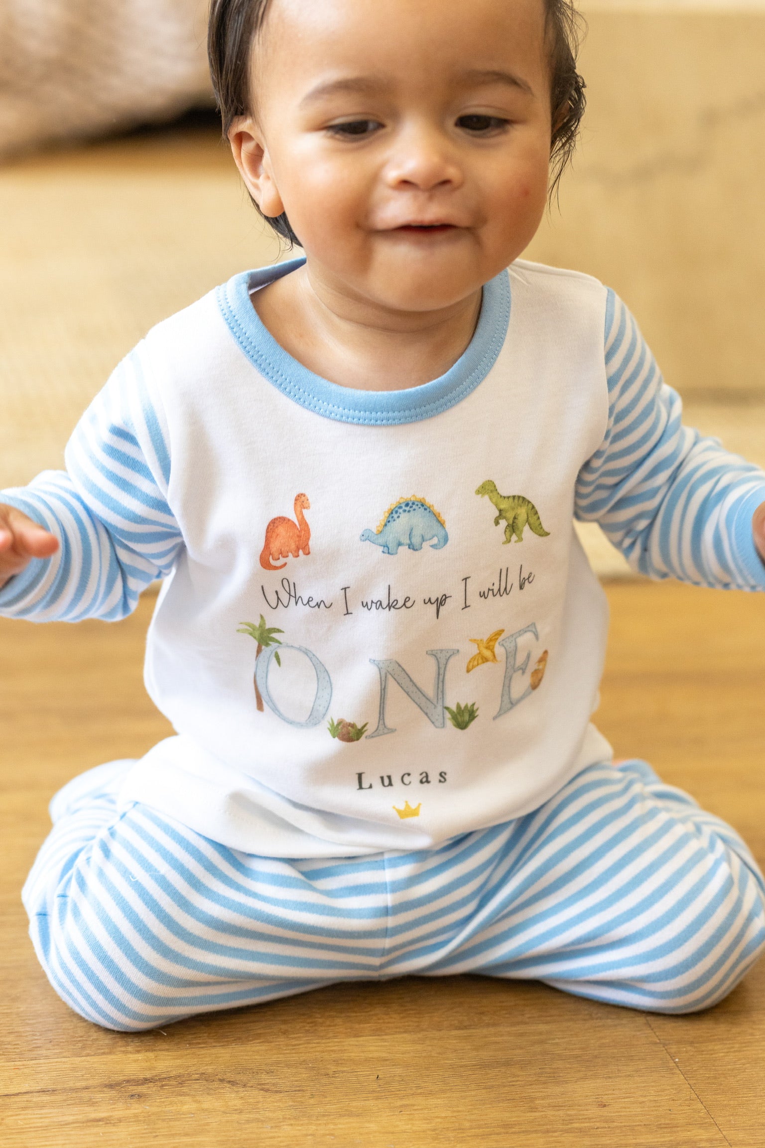 Personalised Blue Stripe Birthday Pyjamas - Blue Dino Design