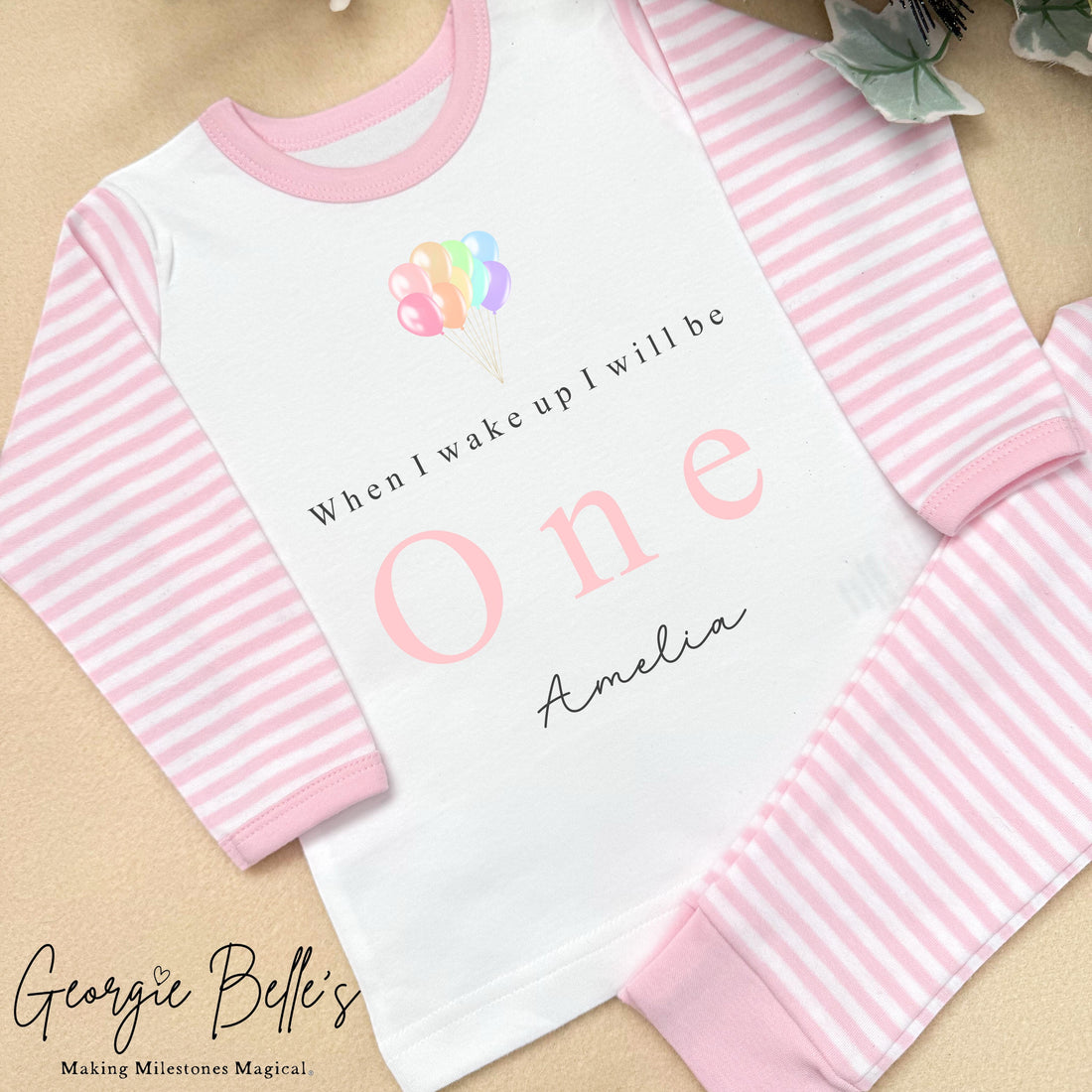 Personalised Pink Stripe Birthday Pyjamas - Pink Pastel Balloon Design