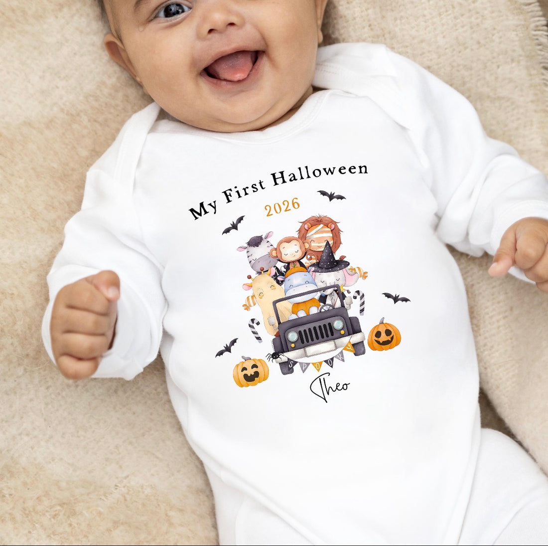 Personalised Halloween Babygrow | My First Halloween Baby Outfit | Safari Animal Design