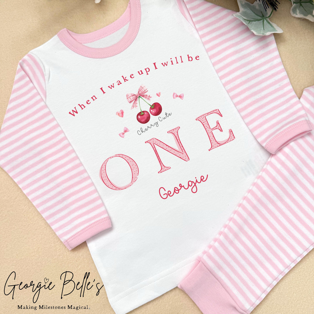 Personalised Pink Stripe Birthday Pyjamas - Pink Cherry Design