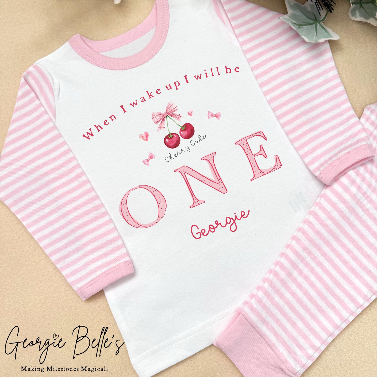 Personalised Pink Stripe Birthday Pyjamas - Pink Cherry Design