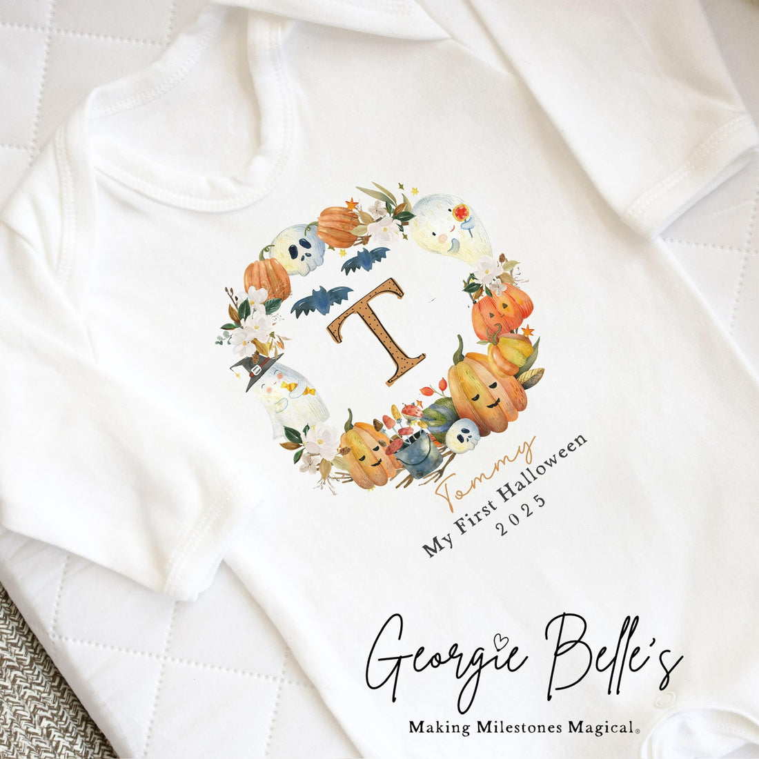 Personalised Halloween Bodysuit / Sleepsuit - My First Wreath Design