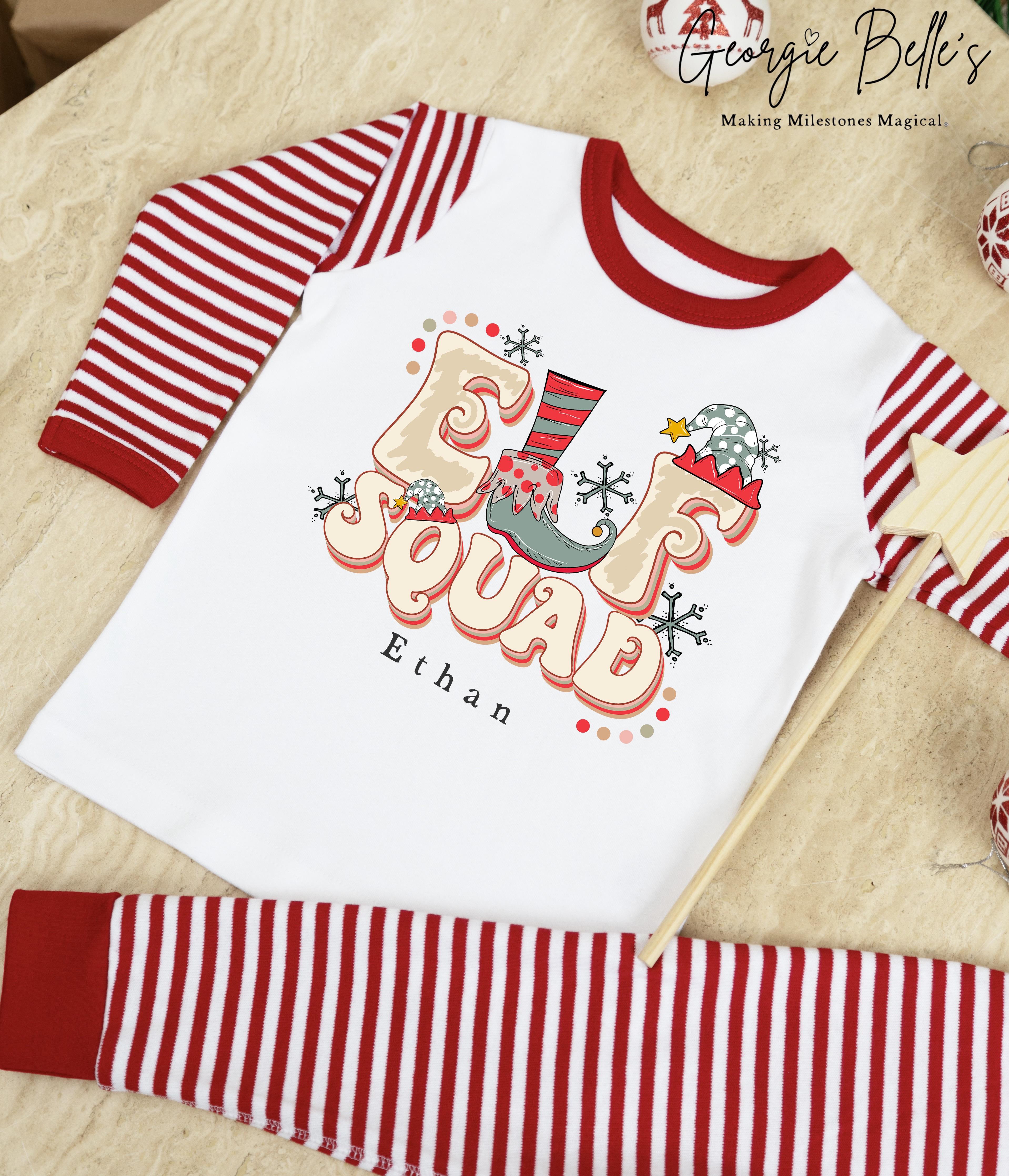 Personalised Red Stripe Christmas Pyjamas - Elf Squad Design