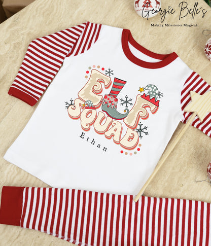 Personalised Red Stripe Christmas Pyjamas - Elf Squad Design