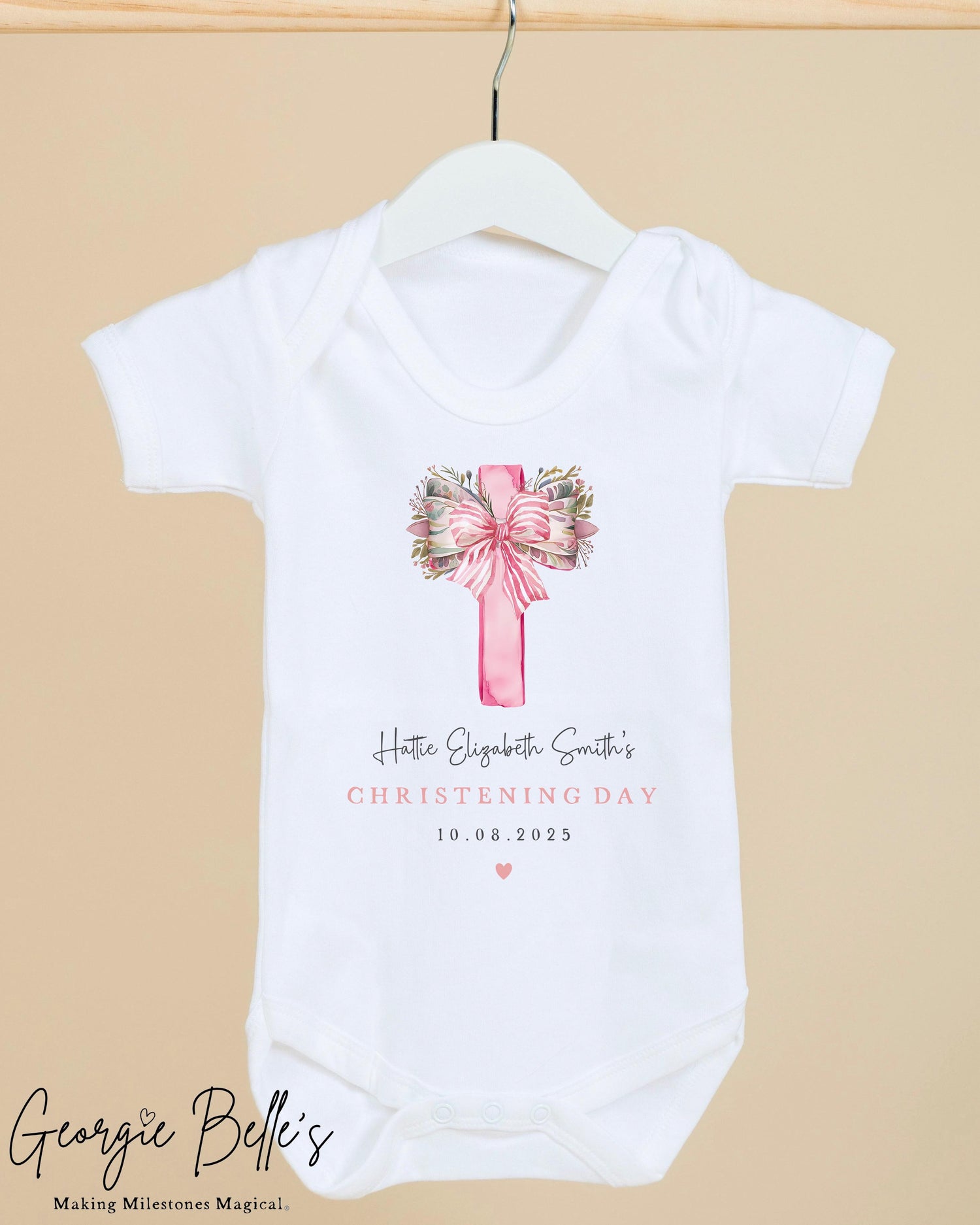 Personalised Christening Babygrow / Vest - Floral Pink Bow Cross Design