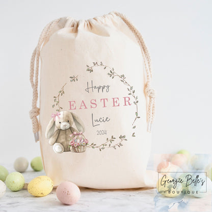 Personalised Easter Treat Sack - Pink Bunny Wreath Design
