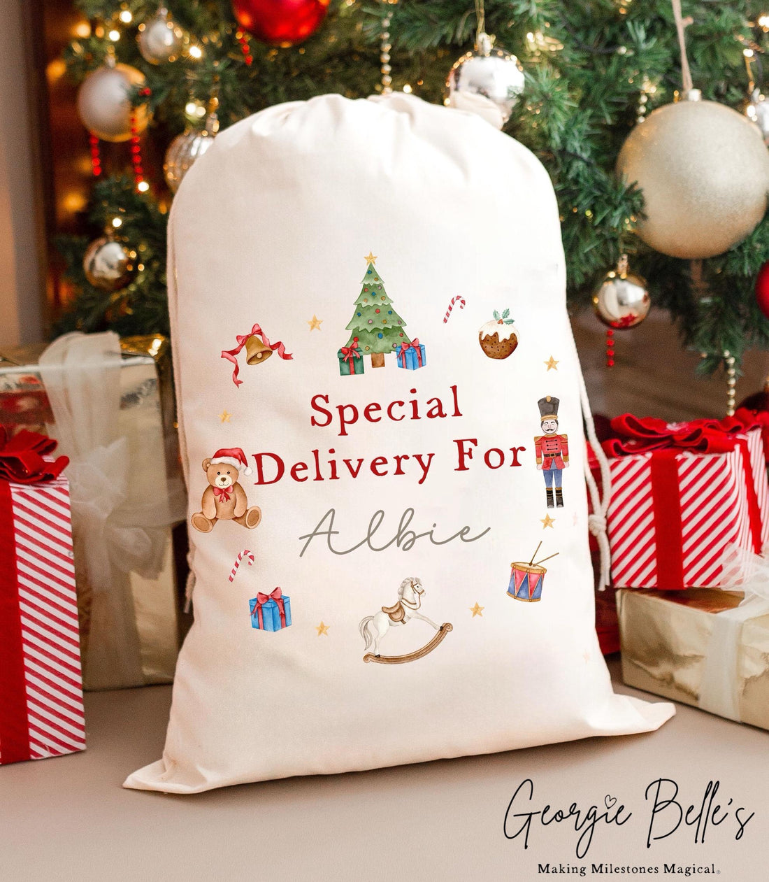 Personalised Luxury Premium Cotton Christmas Sack - Red Nutcracker Wreath Design
