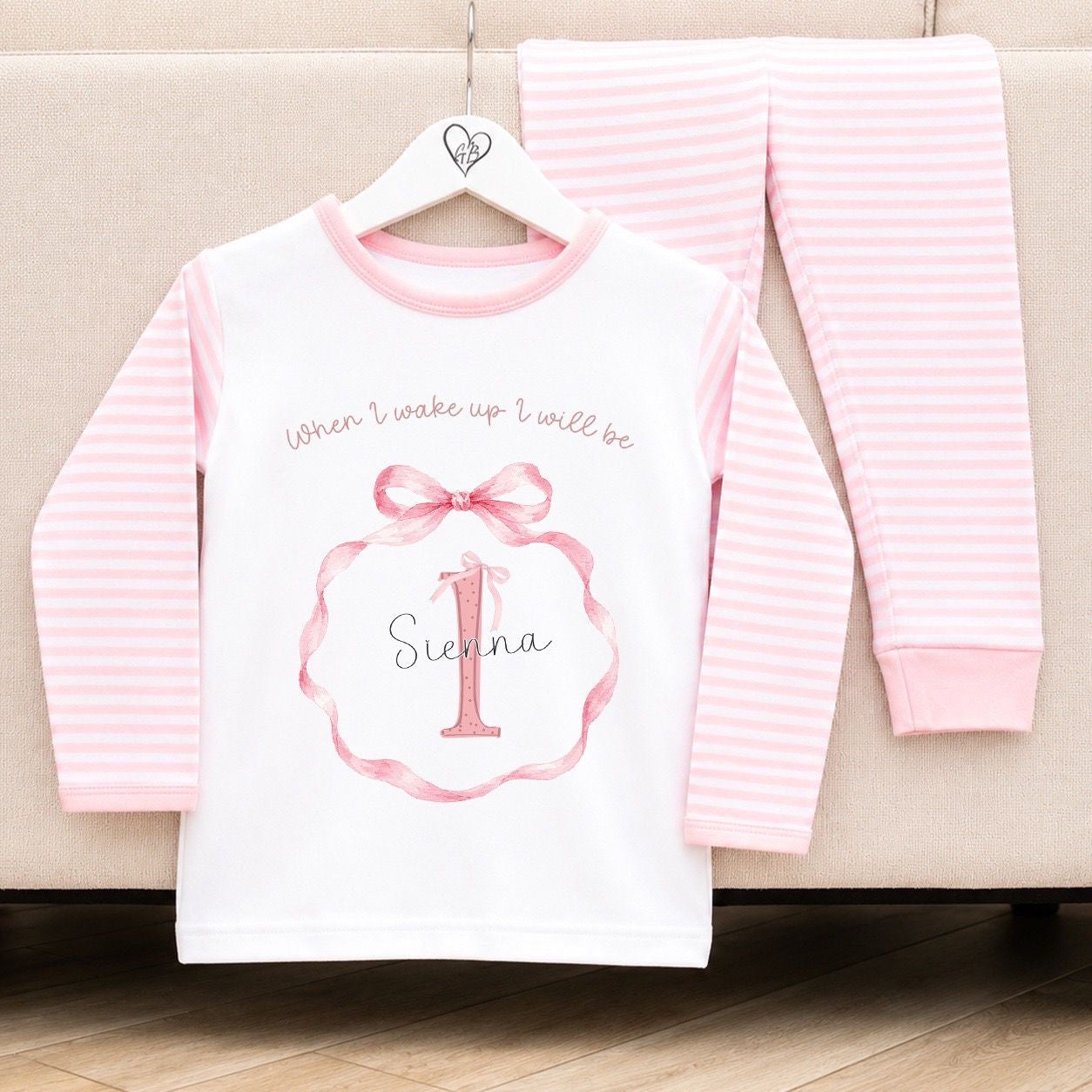 Personalised Pink Stripe Birthday Pyjamas - Bow Wreath Design