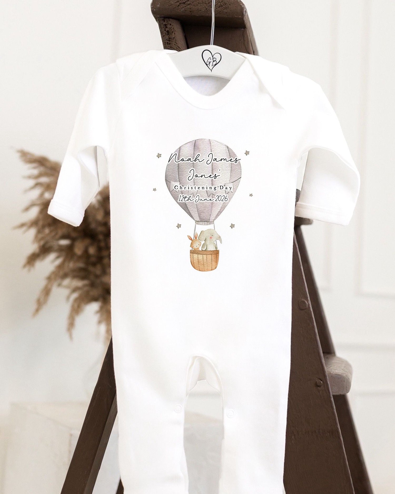Personalised Christening Babygrow - Grey Hot Air Balloon Design